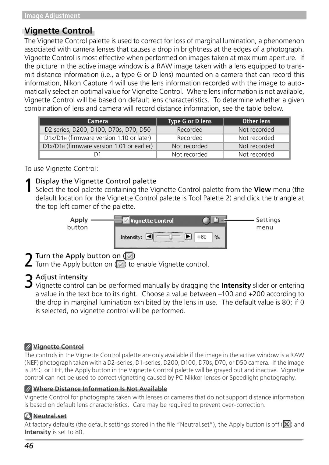 Nikon 4 user manual Vignette Control, Camera Type G or D lens Other lens 