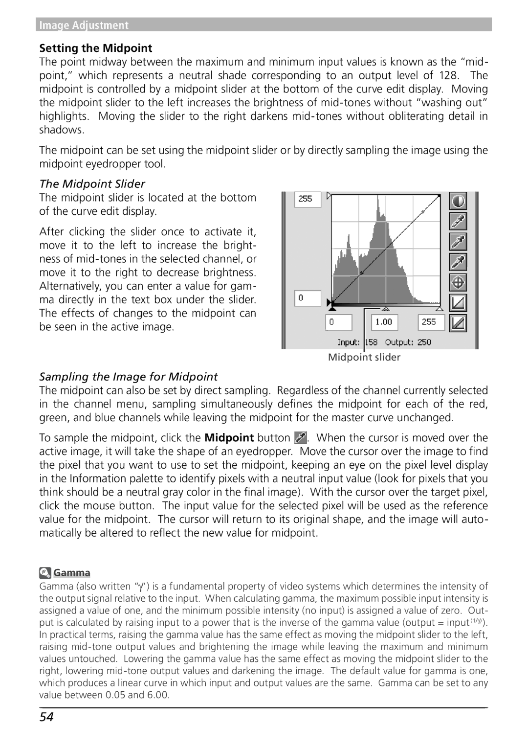 Nikon 4 user manual Setting the Midpoint, Midpoint Slider, Sampling the Image for Midpoint, Gamma 