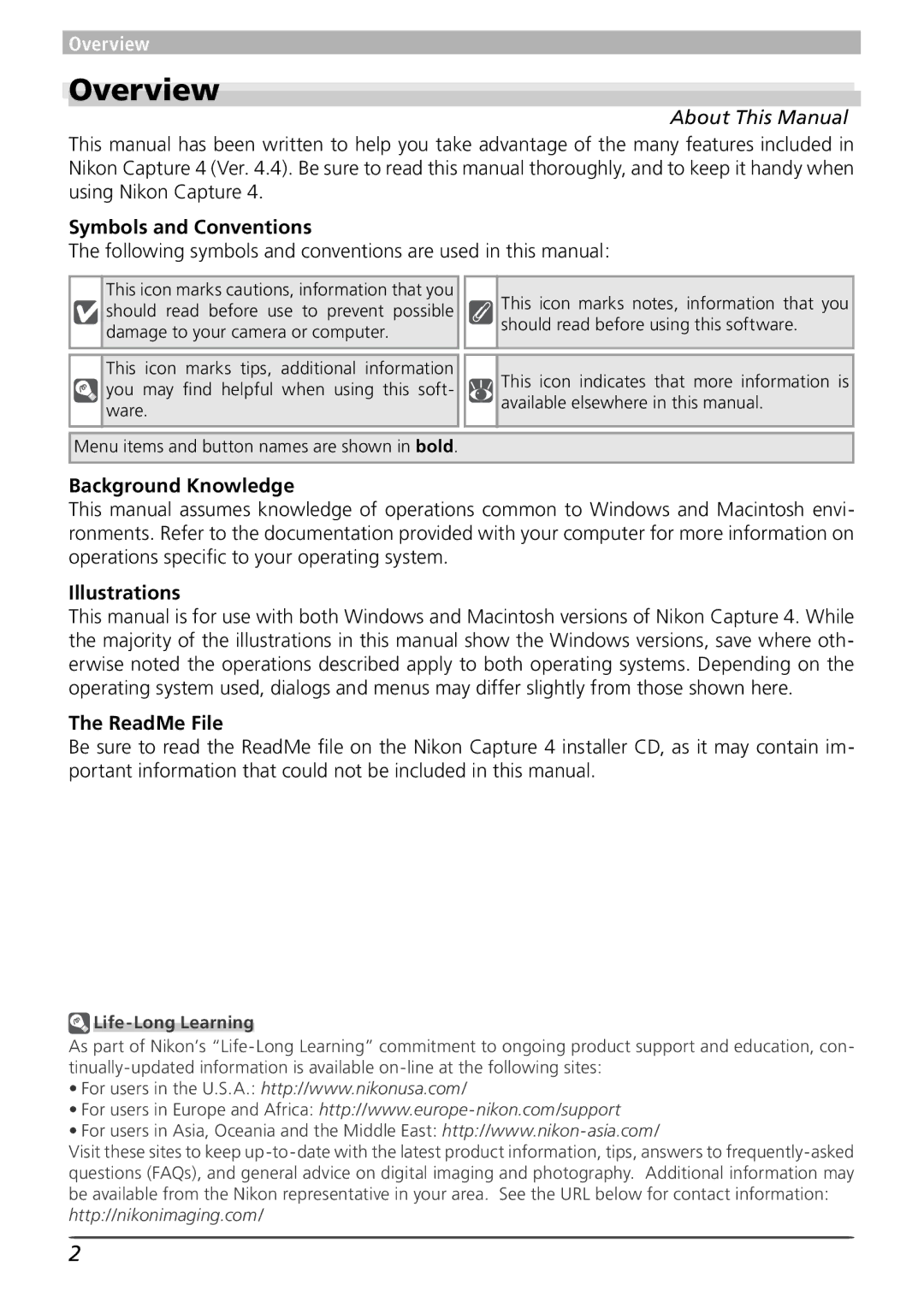 Nikon 4 user manual Overview, Symbols and Conventions, Background Knowledge, Illustrations, ReadMe File 