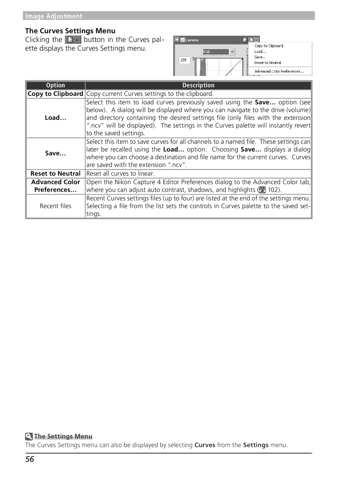 Nikon 4 user manual Curves Settings Menu 