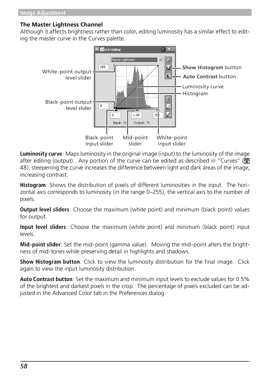 Nikon 4 user manual Master Lightness Channel, Show Histogram button 