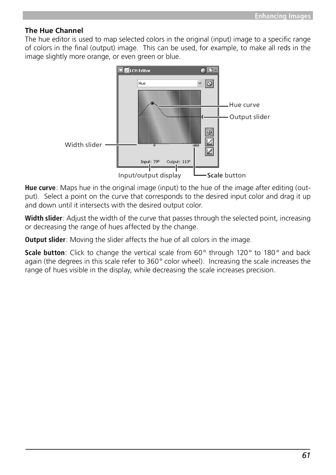 Nikon 4 user manual Hue Channel, Scale button 