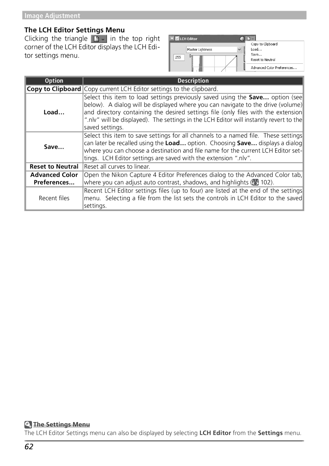 Nikon 4 user manual LCH Editor Settings Menu, Copy current LCH Editor settings to the clipboard 