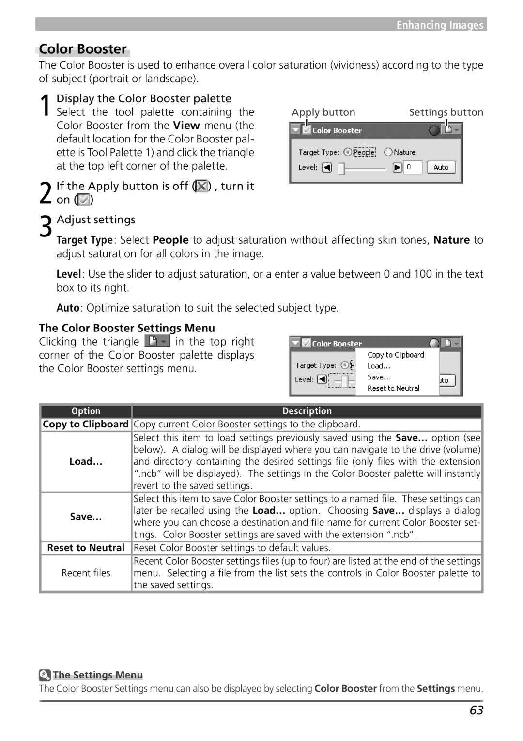 Nikon 4 user manual Color Booster Settings Menu, Copy current Color Booster settings to the clipboard 