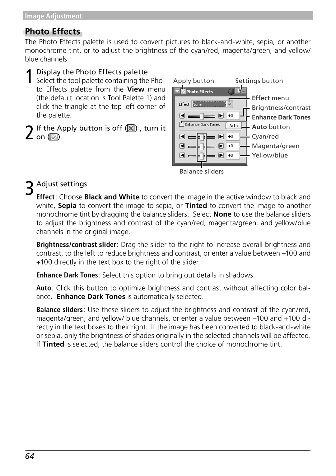 Nikon 4 user manual Photo Effects, Effect menu, Enhance Dark Tones Auto button 