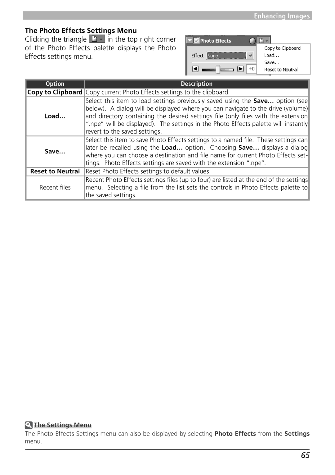 Nikon 4 user manual Photo Effects Settings Menu, Copy current Photo Effects settings to the clipboard 