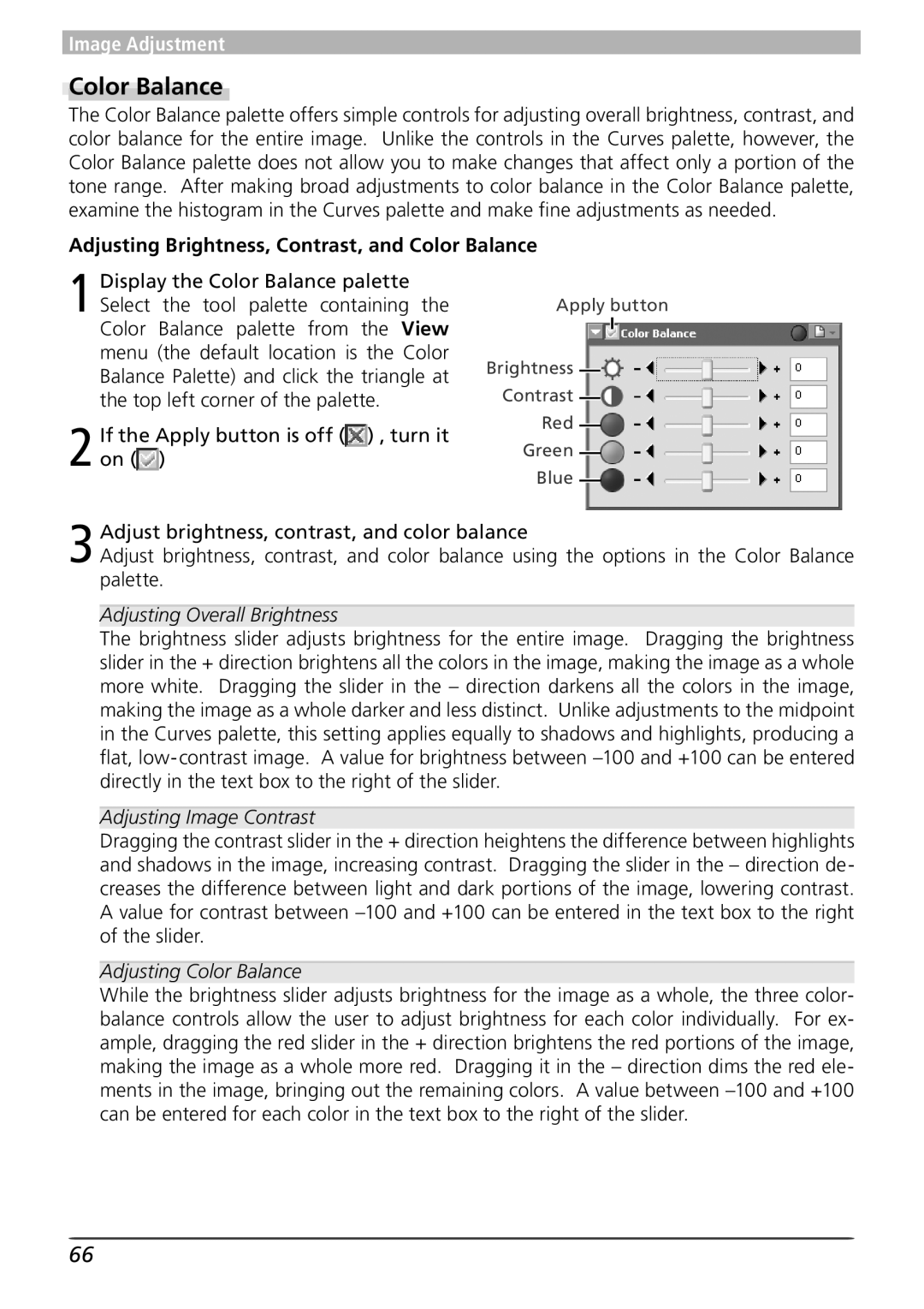 Nikon 4 Adjusting Brightness, Contrast, and Color Balance, Adjusting Overall Brightness, Adjusting Image Contrast 