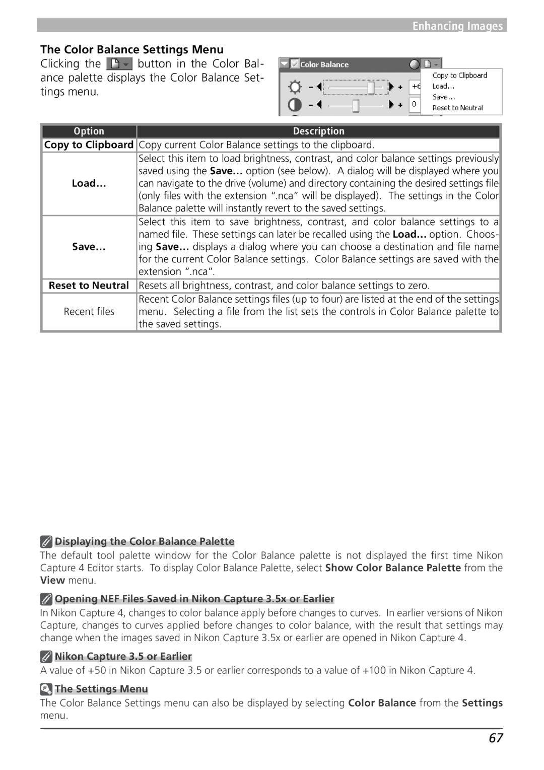 Nikon 4 user manual Color Balance Settings Menu, Displaying the Color Balance Palette, Nikon Capture 3.5 or Earlier 