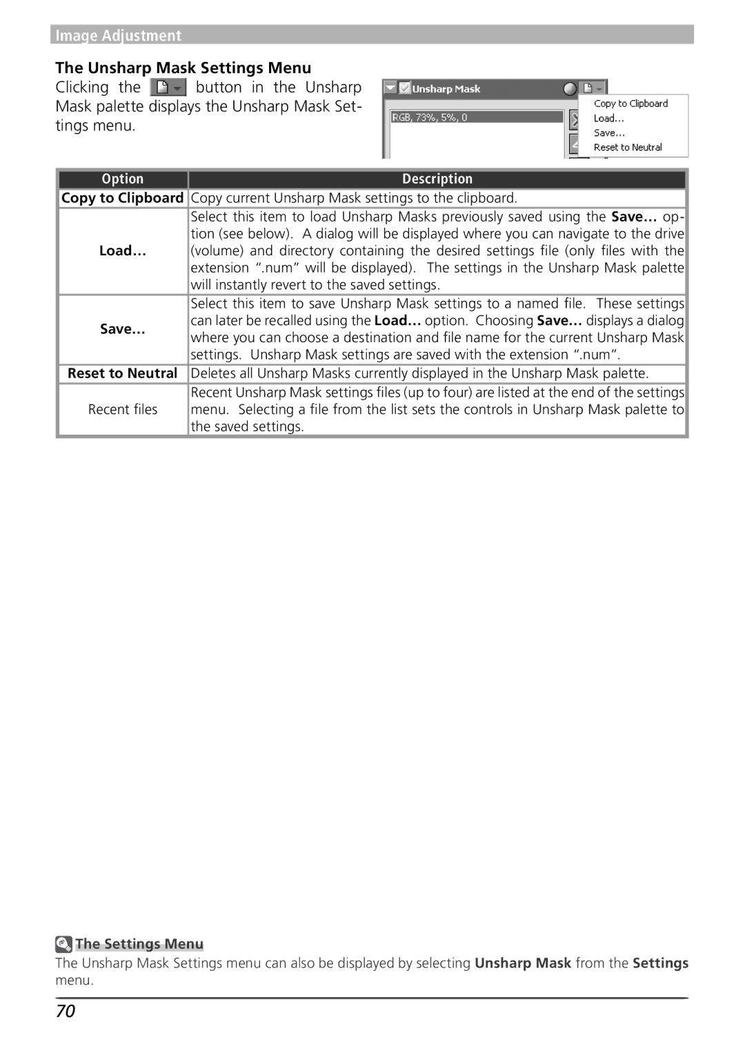 Nikon 4 user manual Unsharp Mask Settings Menu, Copy current Unsharp Mask settings to the clipboard 