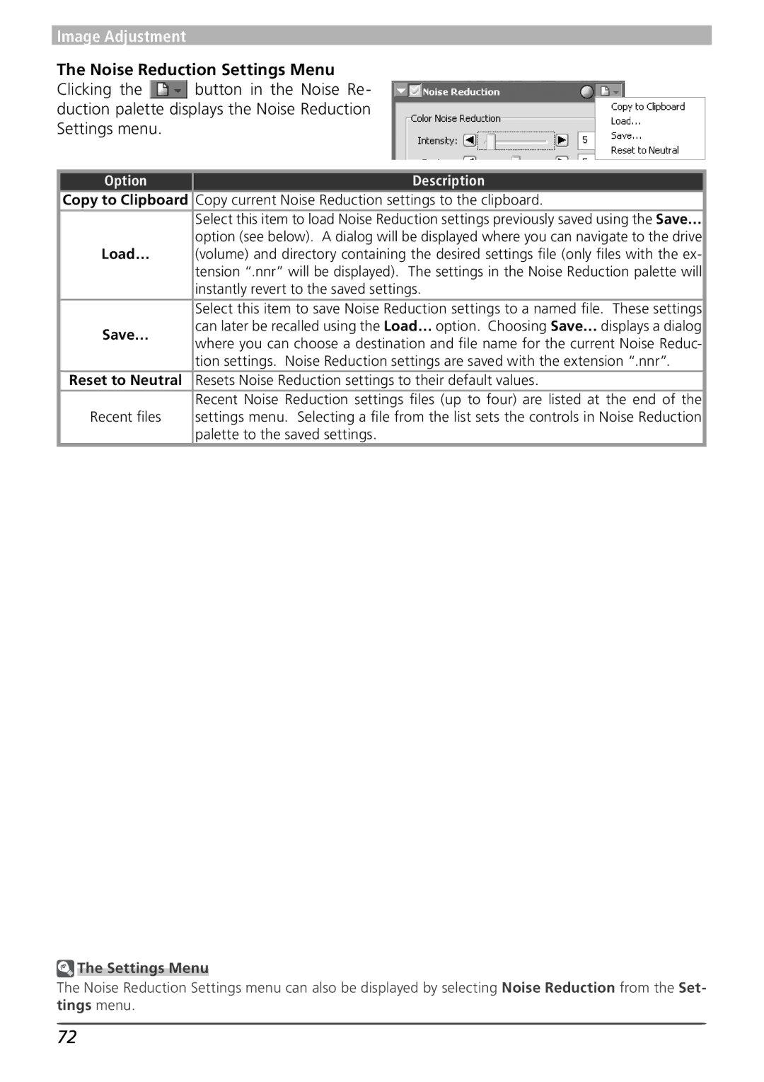 Nikon 4 user manual Noise Reduction Settings Menu, Copy current Noise Reduction settings to the clipboard 