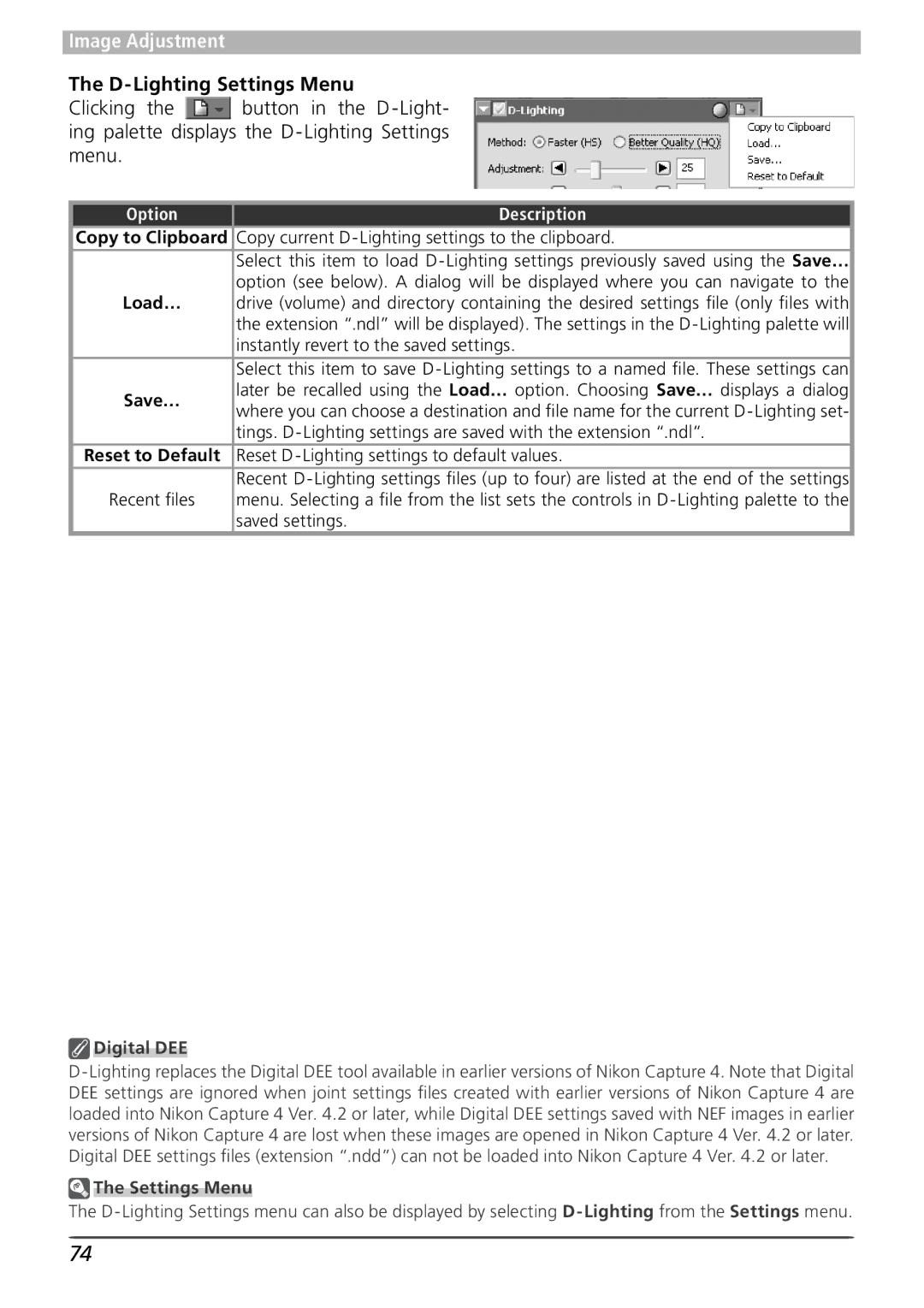 Nikon 4 user manual D-Lighting Settings Menu, Copy current D-Lighting settings to the clipboard, Digital DEE 