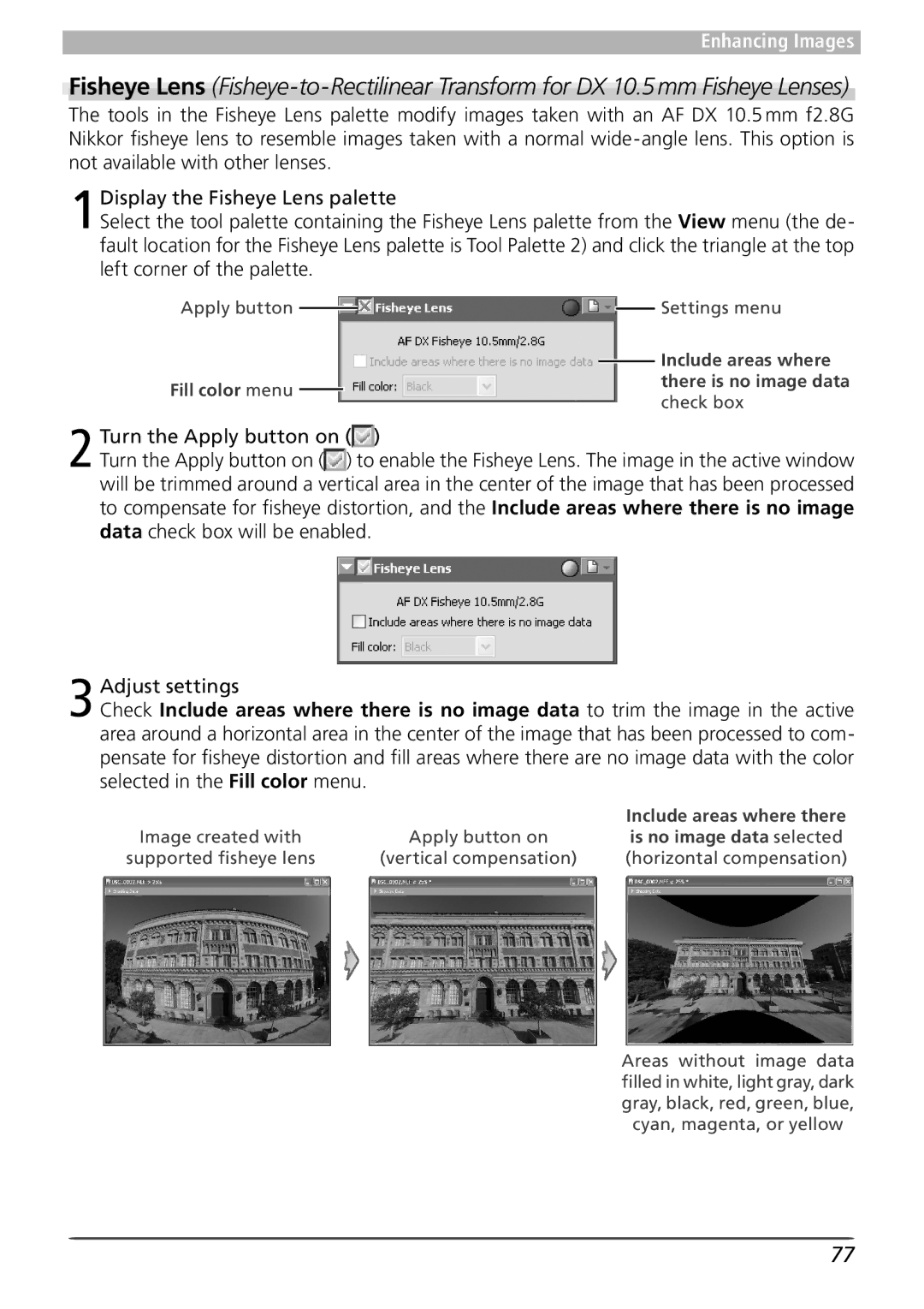 Nikon 4 user manual Fill color menu, Include areas where there is no image data check box 