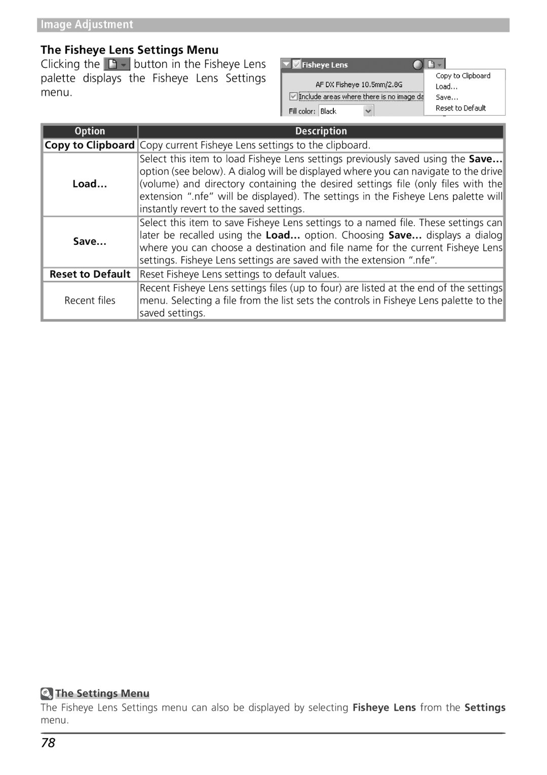 Nikon 4 user manual Fisheye Lens Settings Menu, Copy current Fisheye Lens settings to the clipboard 