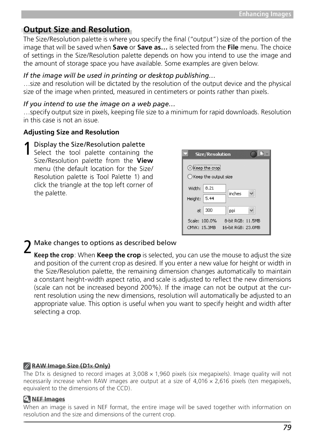 Nikon 4 Output Size and Resolution, If you intend to use the image on a web page…, Adjusting Size and Resolution 