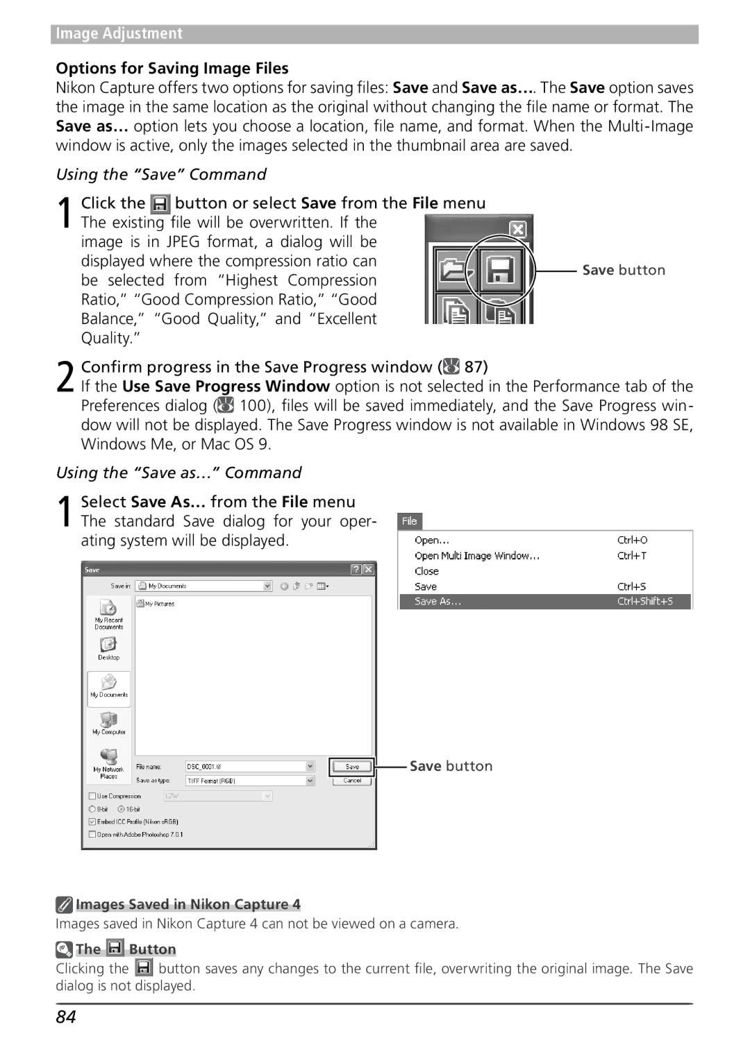 Nikon 4 user manual Options for Saving Image Files, Using the Save Command, Using the Save as… Command 