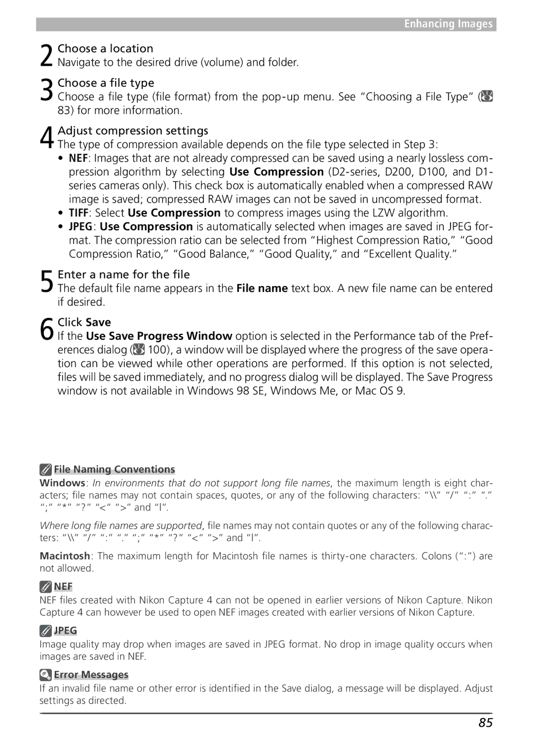 Nikon 4 user manual File Naming Conventions, Error Messages 