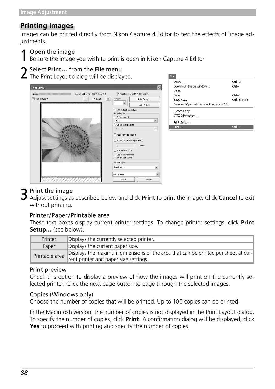 Nikon 4 user manual Printing Images, Printer Displays the currently selected printer, Displays the current paper size 