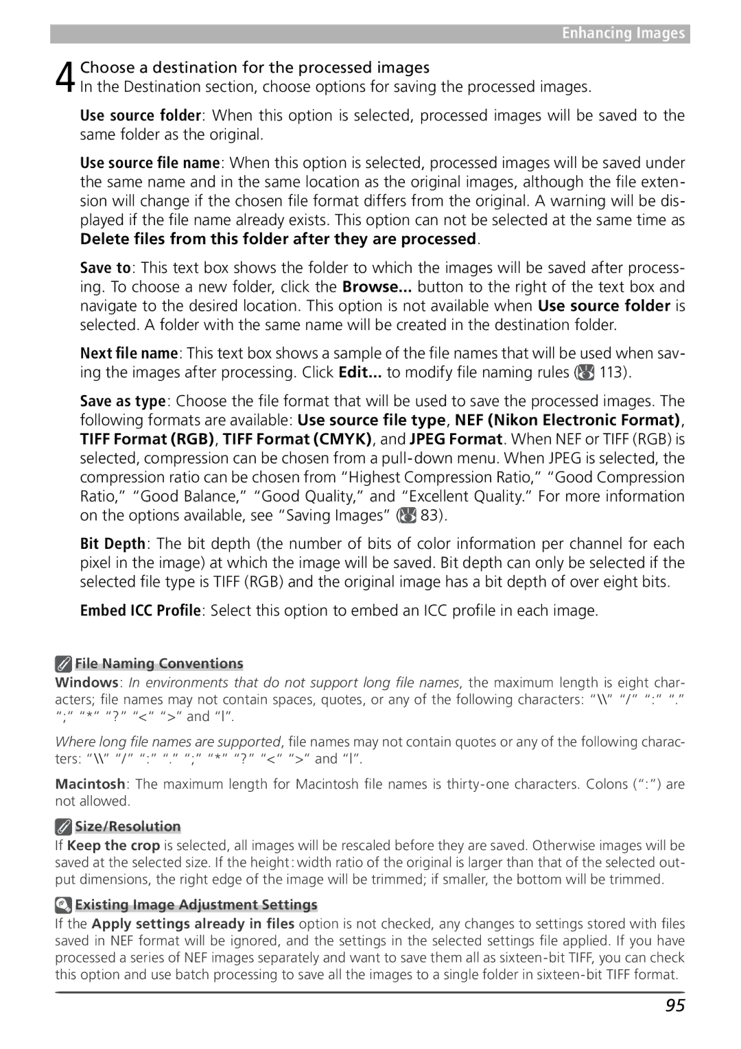 Nikon 4 user manual Size/Resolution, Existing Image Adjustment Settings 