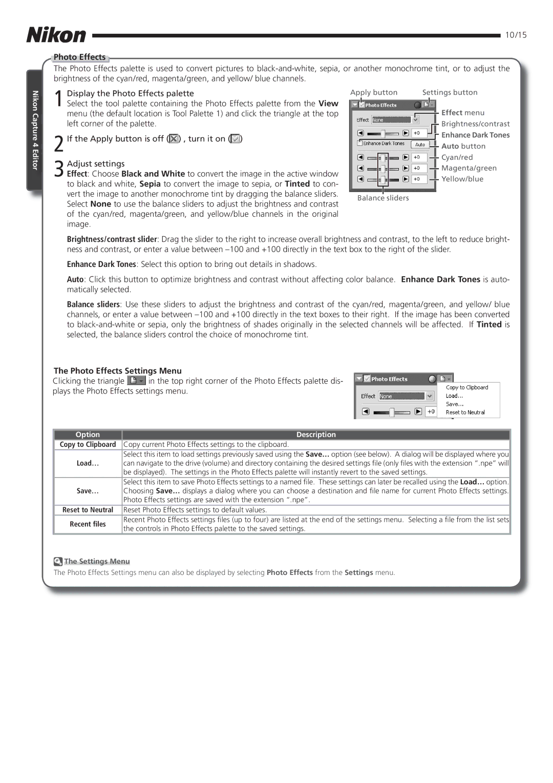 Nikon 4.2 manual Photo Effects Settings Menu, Effect menu, Enhance Dark Tones Auto button 