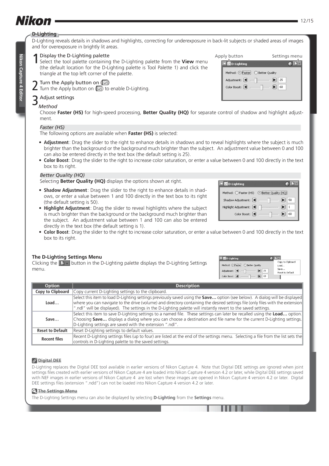 Nikon 4.2 manual 3Method, Faster HS, Better Quality HQ, D-Lighting Settings Menu 