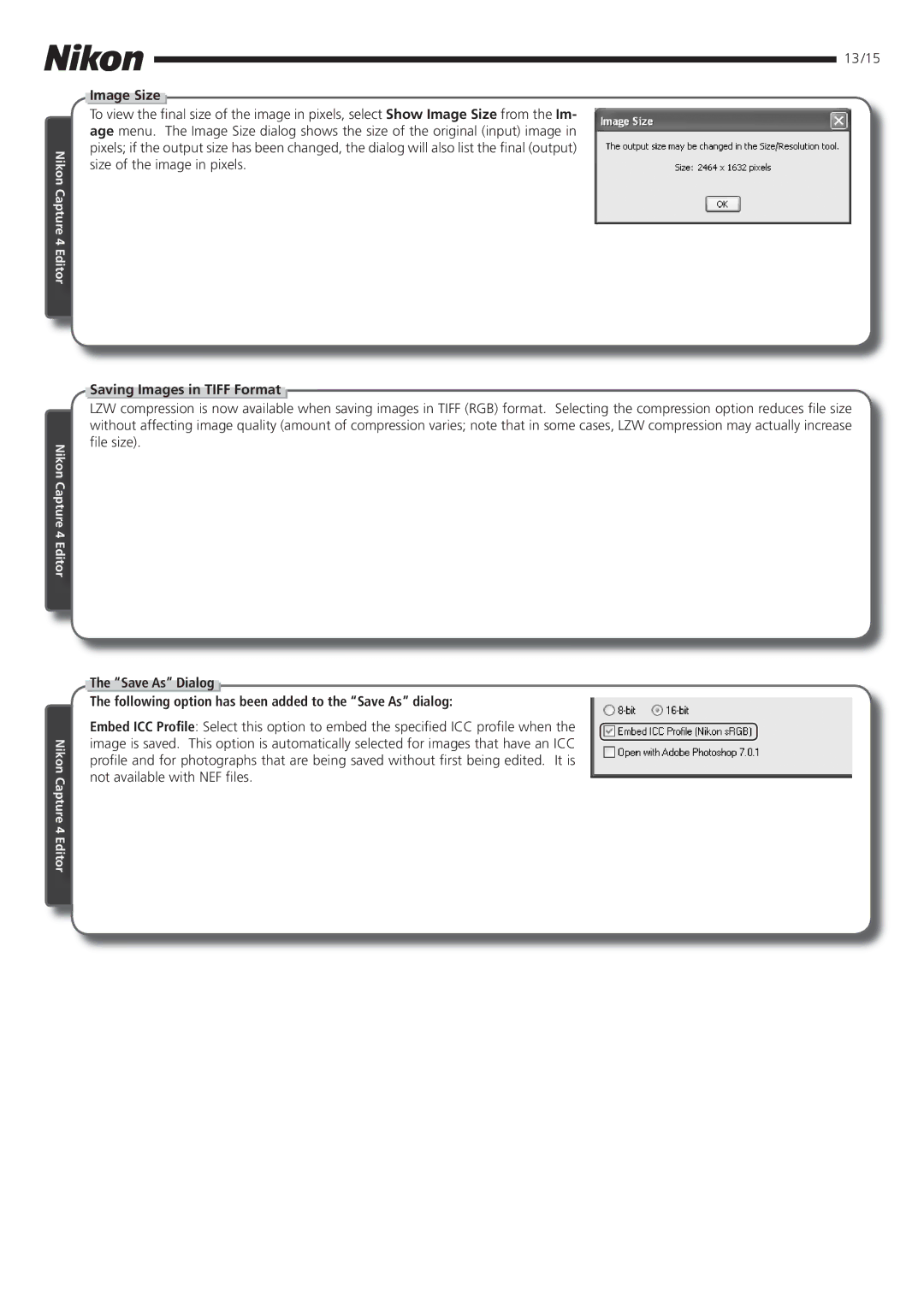 Nikon 4.2 manual Image Size, Saving Images in Tiff Format 