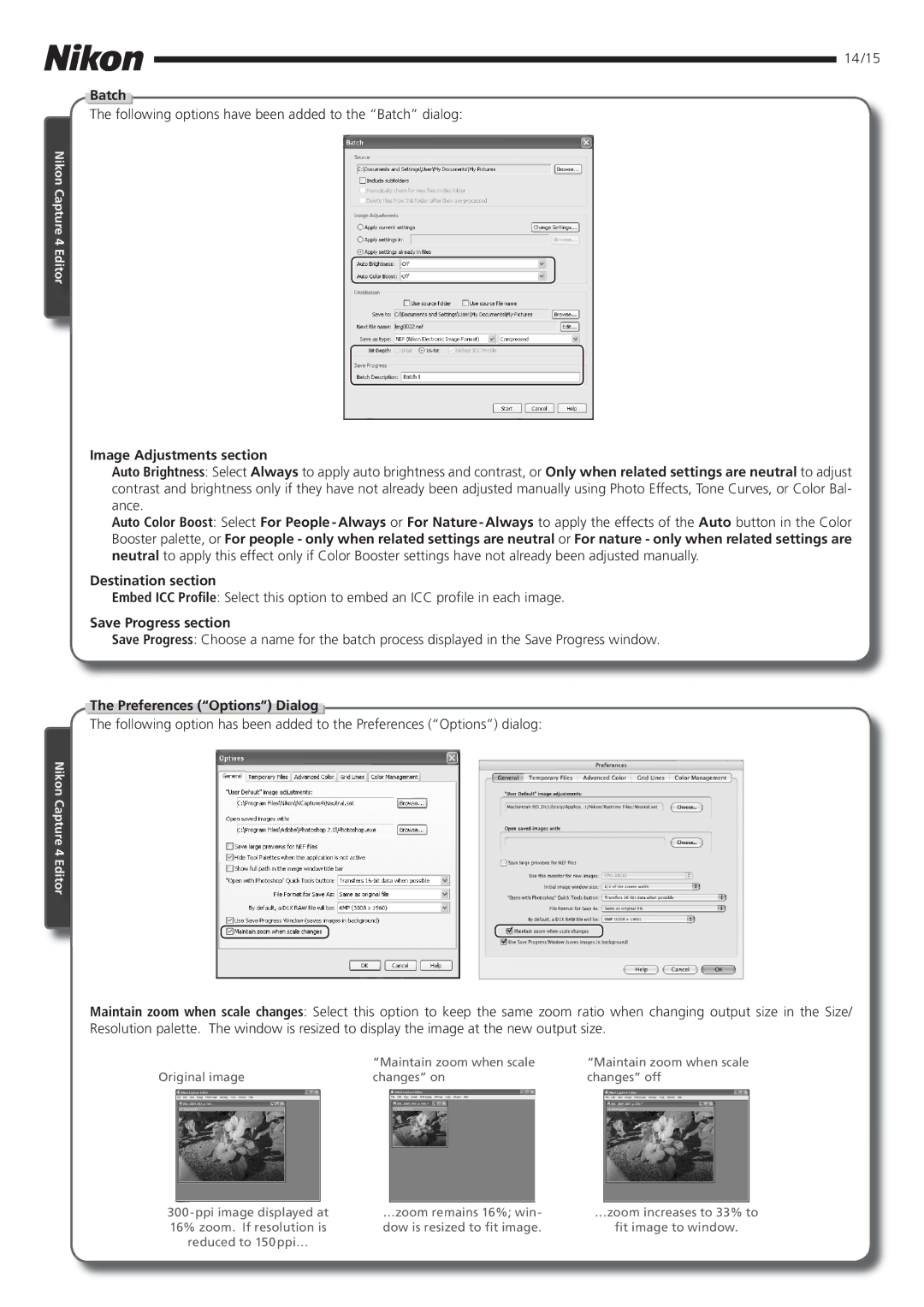 Nikon 4.2 manual Batch, Save Progress section, Preferences Options Dialog 