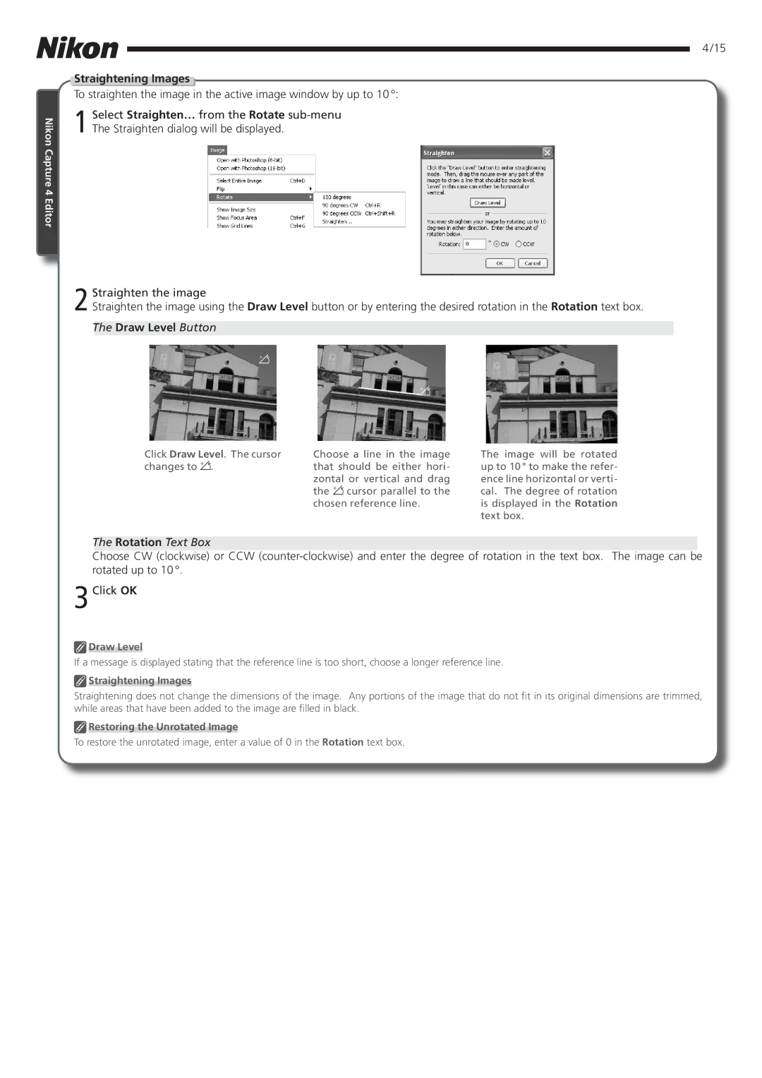 Nikon 4.2 manual Straightening Images, Draw Level Button, Rotation Text Box 