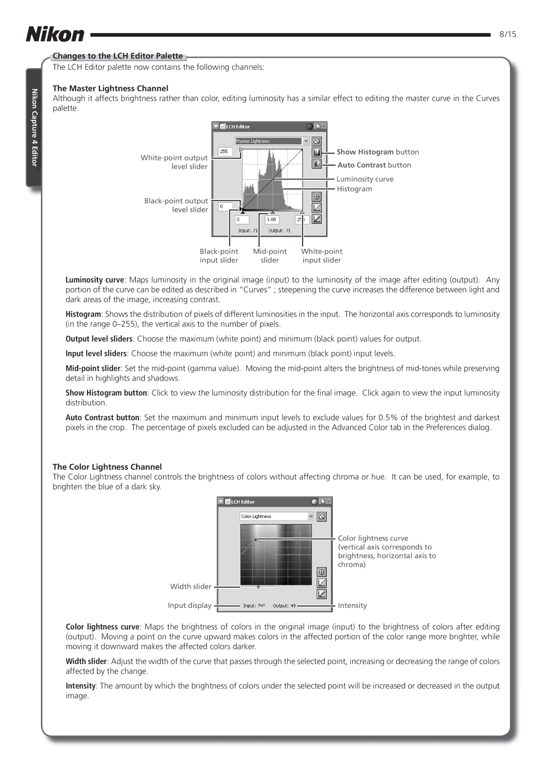 Nikon 4.2 Changes to the LCH Editor Palette, Master Lightness Channel, Color Lightness Channel, Show Histogram button 