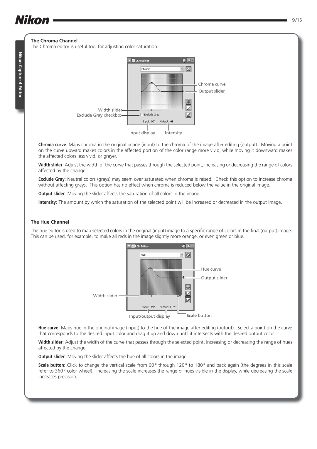 Nikon 4.2 manual Chroma Channel, Hue Channel, Exclude Gray checkbox, Scale button 