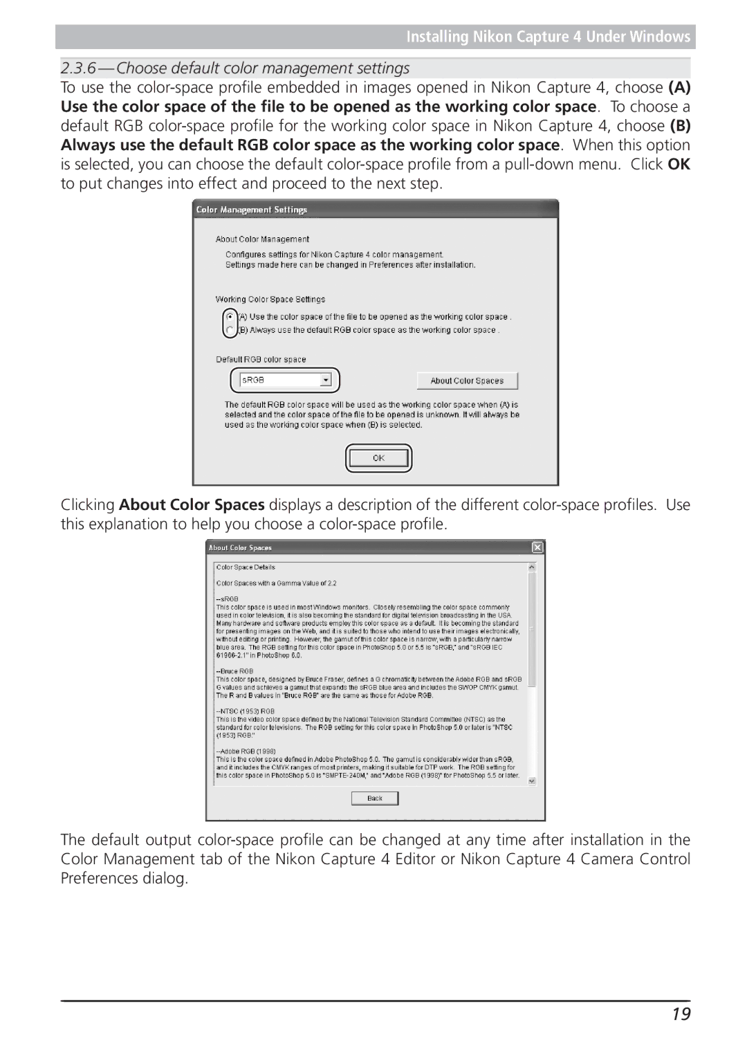 Nikon 4.2 manual Choose default color management settings 