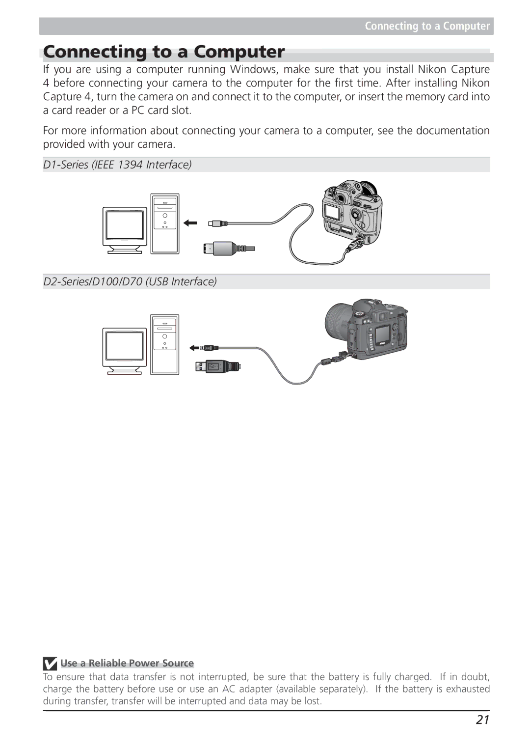 Nikon 4.2 manual Connecting to a Computer, Use a Reliable Power Source 