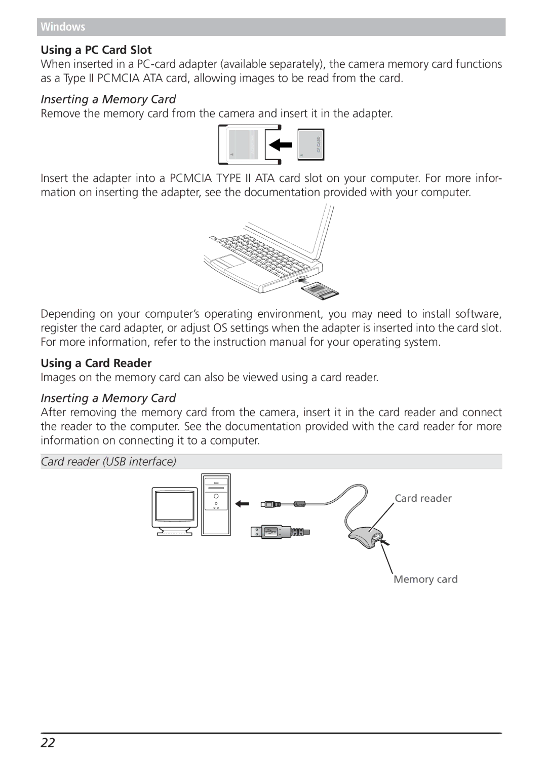 Nikon 4.2 manual Using a PC Card Slot, Inserting a Memory Card, Using a Card Reader, Card reader USB interface 