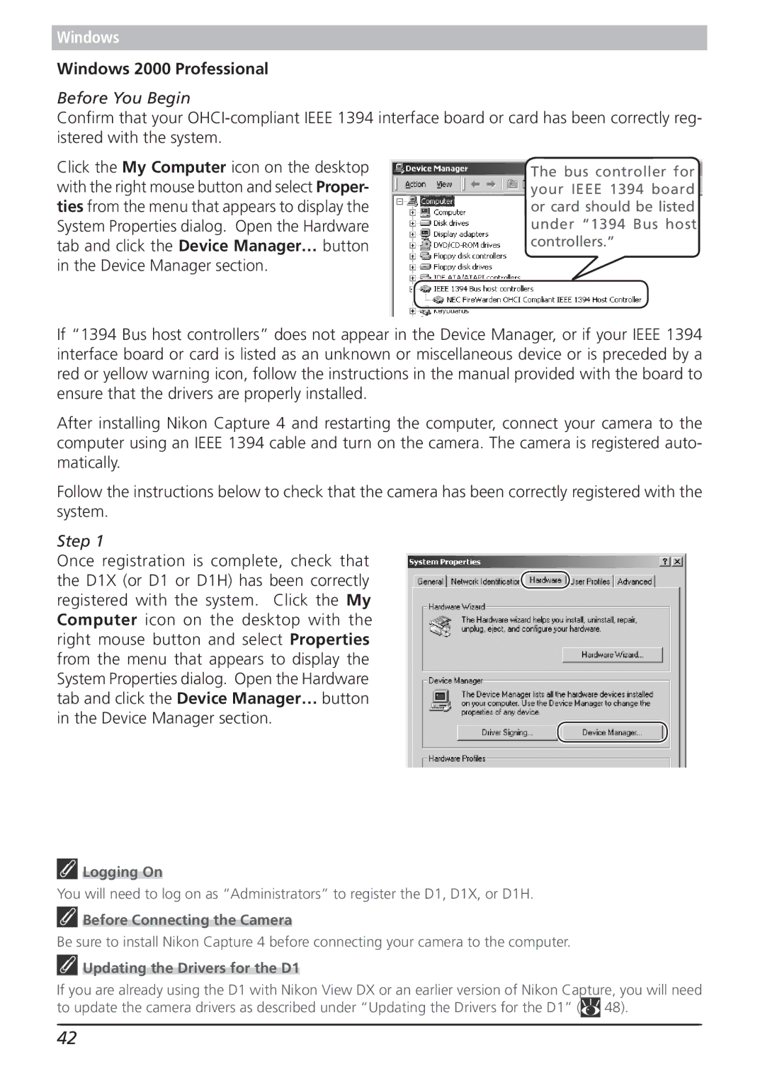 Nikon 4.2 manual Windows 2000 Professional, Updating the Drivers for the D1 