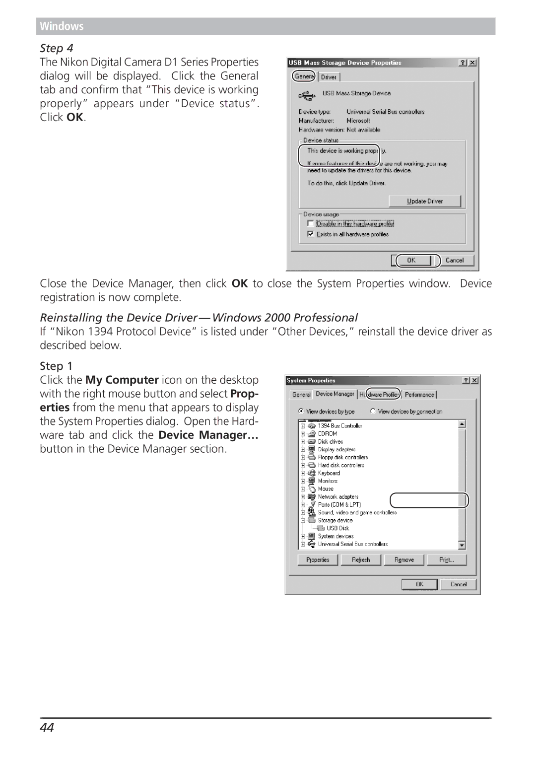 Nikon 4.2 manual Reinstalling the Device Driver Windows 2000 Professional 