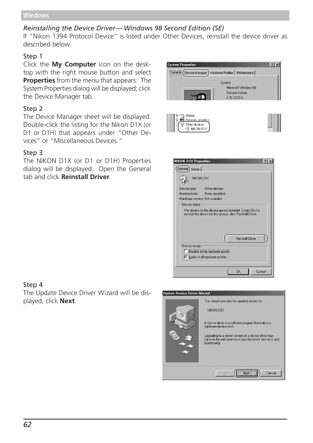 Nikon 4.2 manual Reinstalling the Device Driver Windows 98 Second Edition SE 