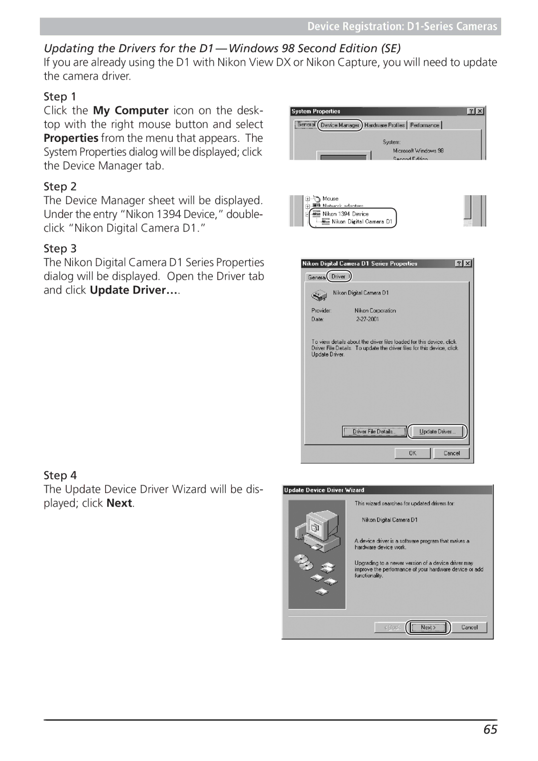 Nikon 4.2 manual Updating the Drivers for the D1 Windows 98 Second Edition SE 