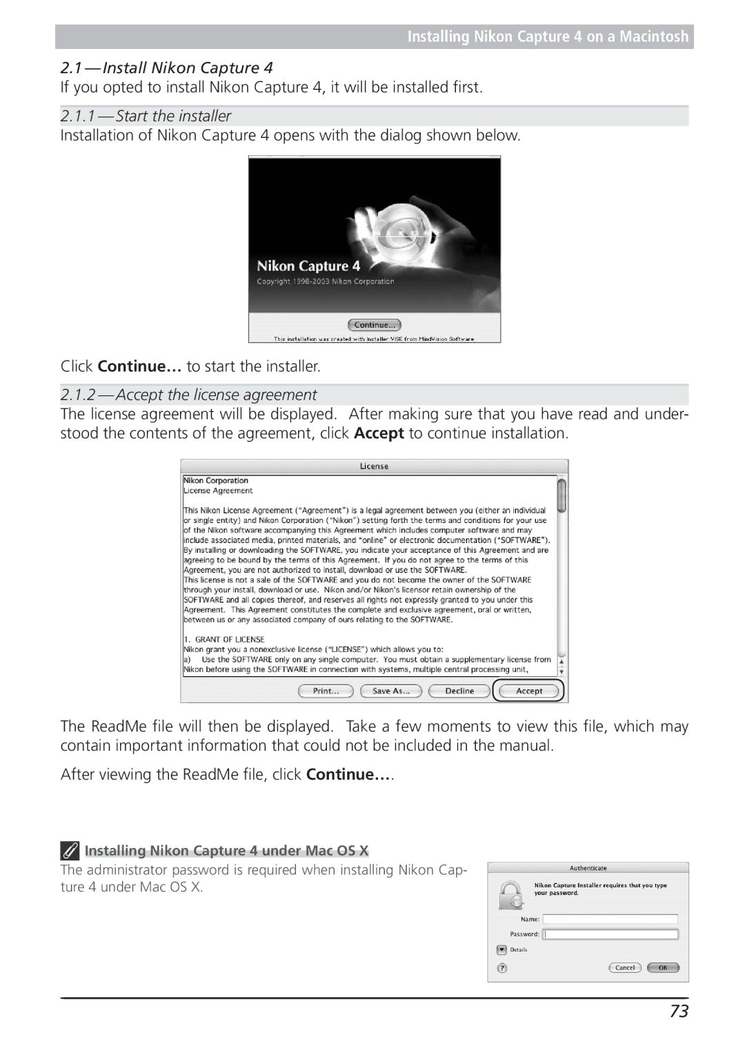 Nikon 4.2 manual Start the installer, Installing Nikon Capture 4 under Mac OS 