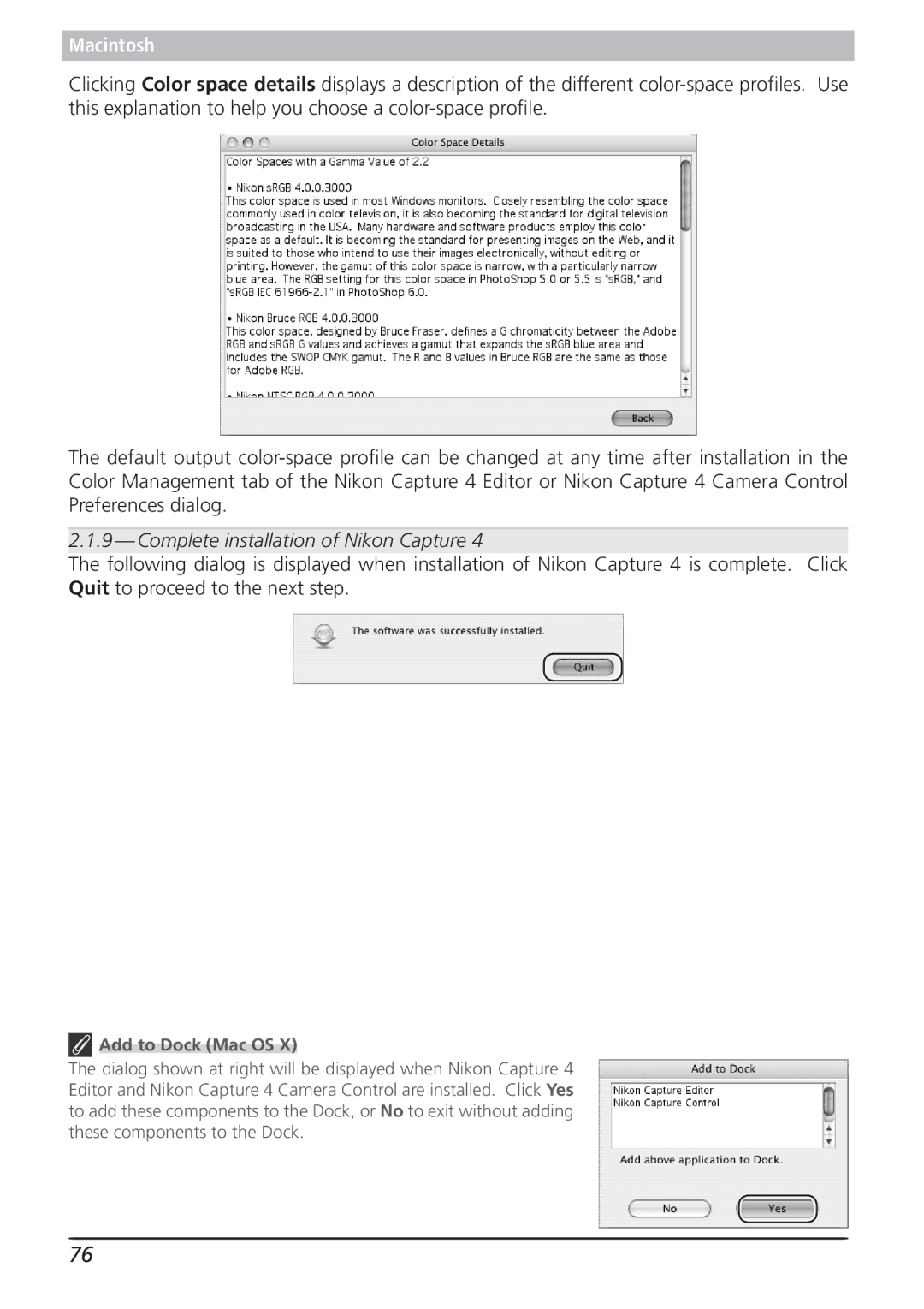 Nikon 4.2 manual Complete installation of Nikon Capture, Add to Dock Mac OS 