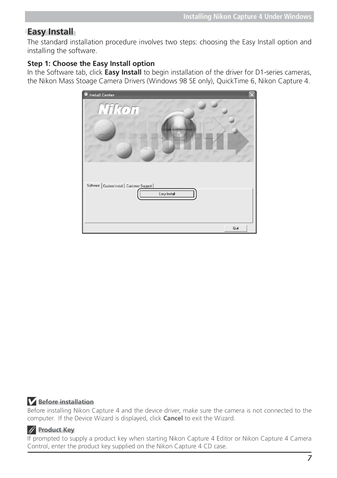 Nikon 4.2 manual Choose the Easy Install option, Before installation, Product Key 