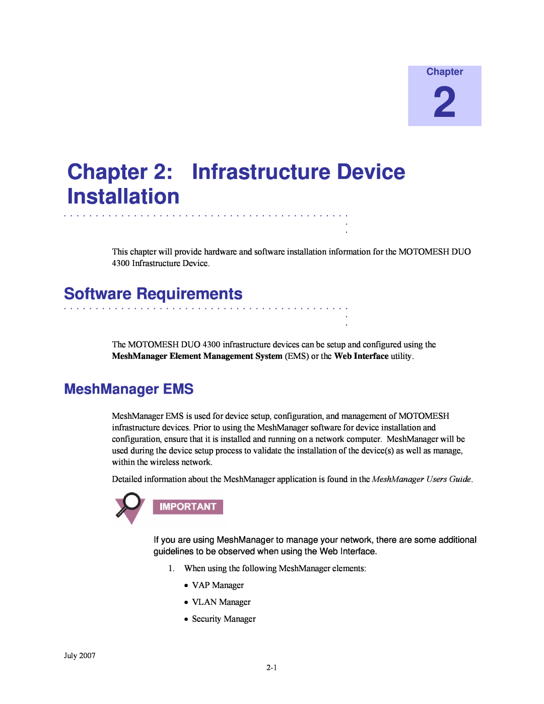 Nikon 4300 manual Infrastructure Device Installation, Software Requirements, MeshManager EMS, Chapter 