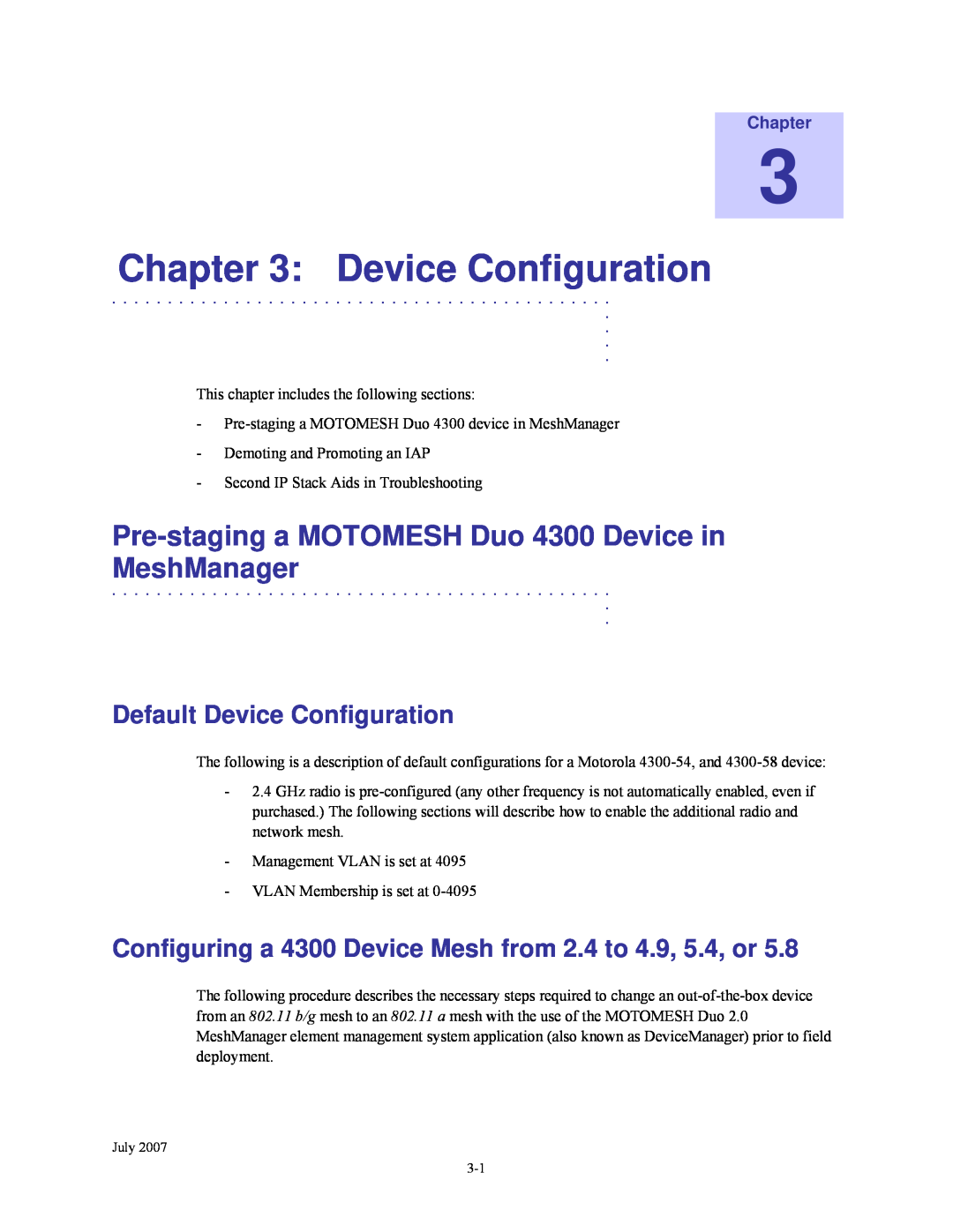 Nikon manual Pre-staging a MOTOMESH Duo 4300 Device in MeshManager, Default Device Configuration, Chapter 