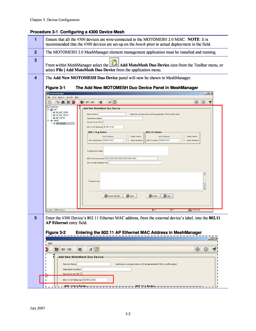 Nikon manual Procedure 3-1 Configuring a 4300 Device Mesh, 1 The Add New MOTOMESH Duo Device Panel in MeshManager 