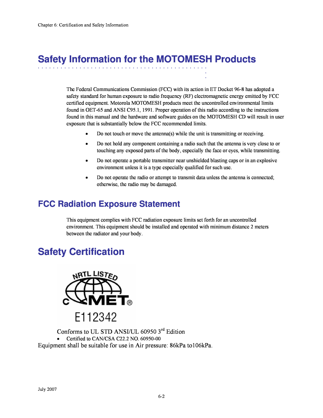 Nikon 4300 manual Safety Information for the MOTOMESH Products, Safety Certification, FCC Radiation Exposure Statement 