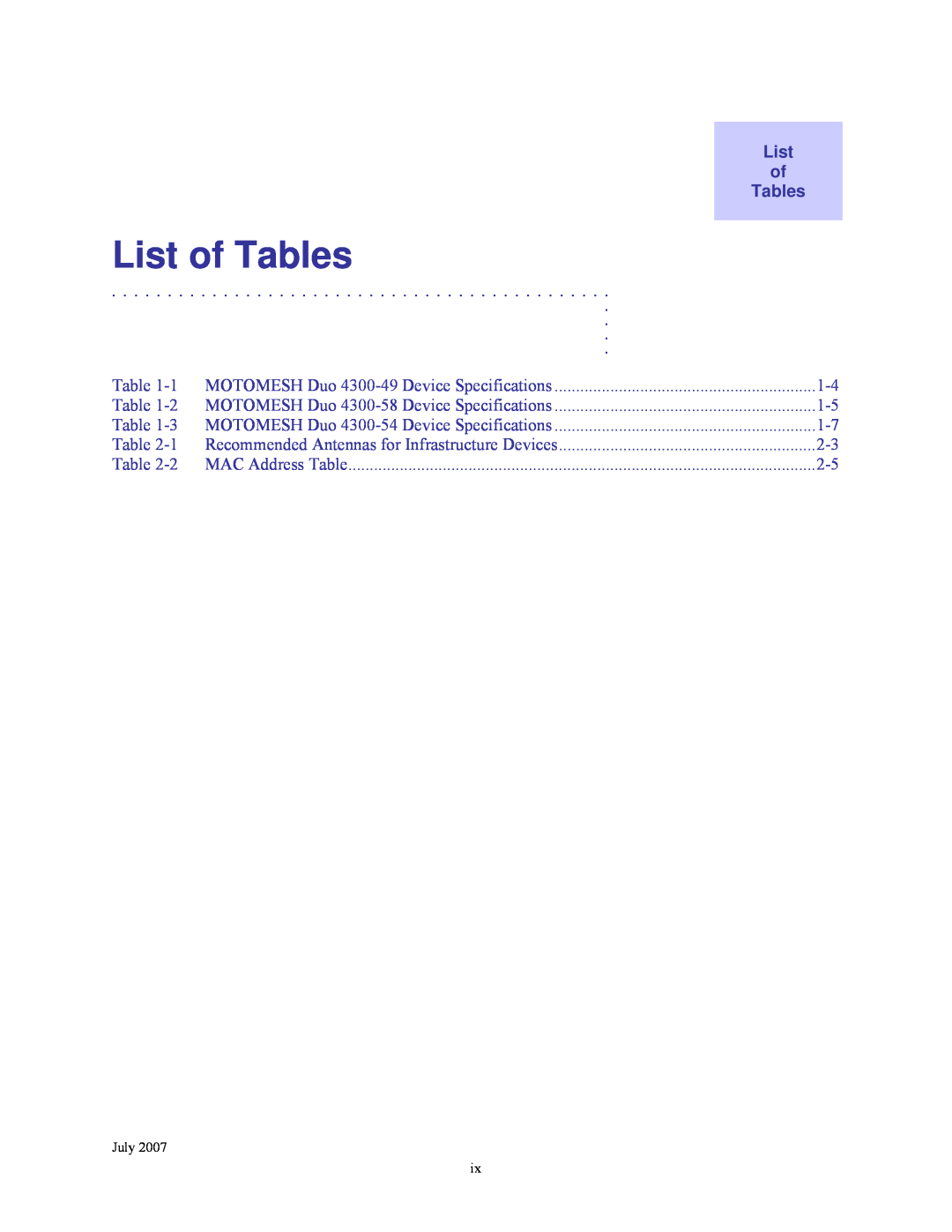 Nikon manual List of Tables, 1 MOTOMESH Duo 4300-49 Device Specifications 