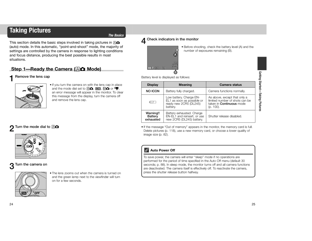 Nikon 4300 manual Taking Pictures, Ready the Camera a Mode, Remove the lens cap, Turn the mode dial to a Turn the camera on 