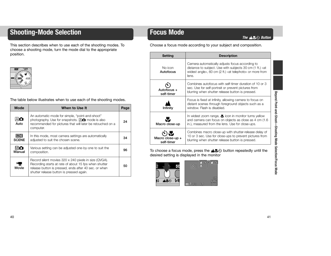 Nikon 4300 manual Shooting-Mode Selection, Focus Mode, Mode When to Use It, Scene, Setting Description 