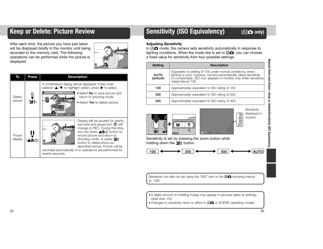 Nikon 4300 manual Keep or Delete Picture Review, Adjusting Sensitivity 