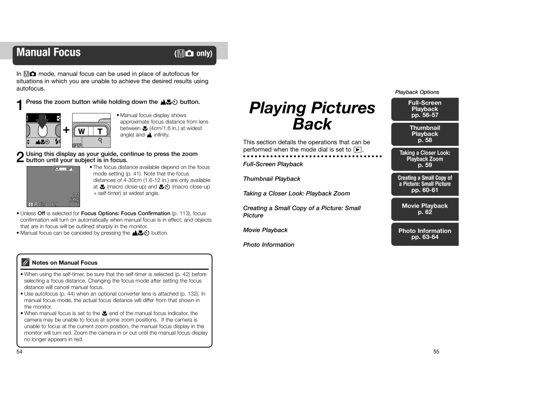 Nikon 4300 manual Manual Focus, Full-Screen Playback, Thumbnail Playback, Movie Playback, Photo Information 