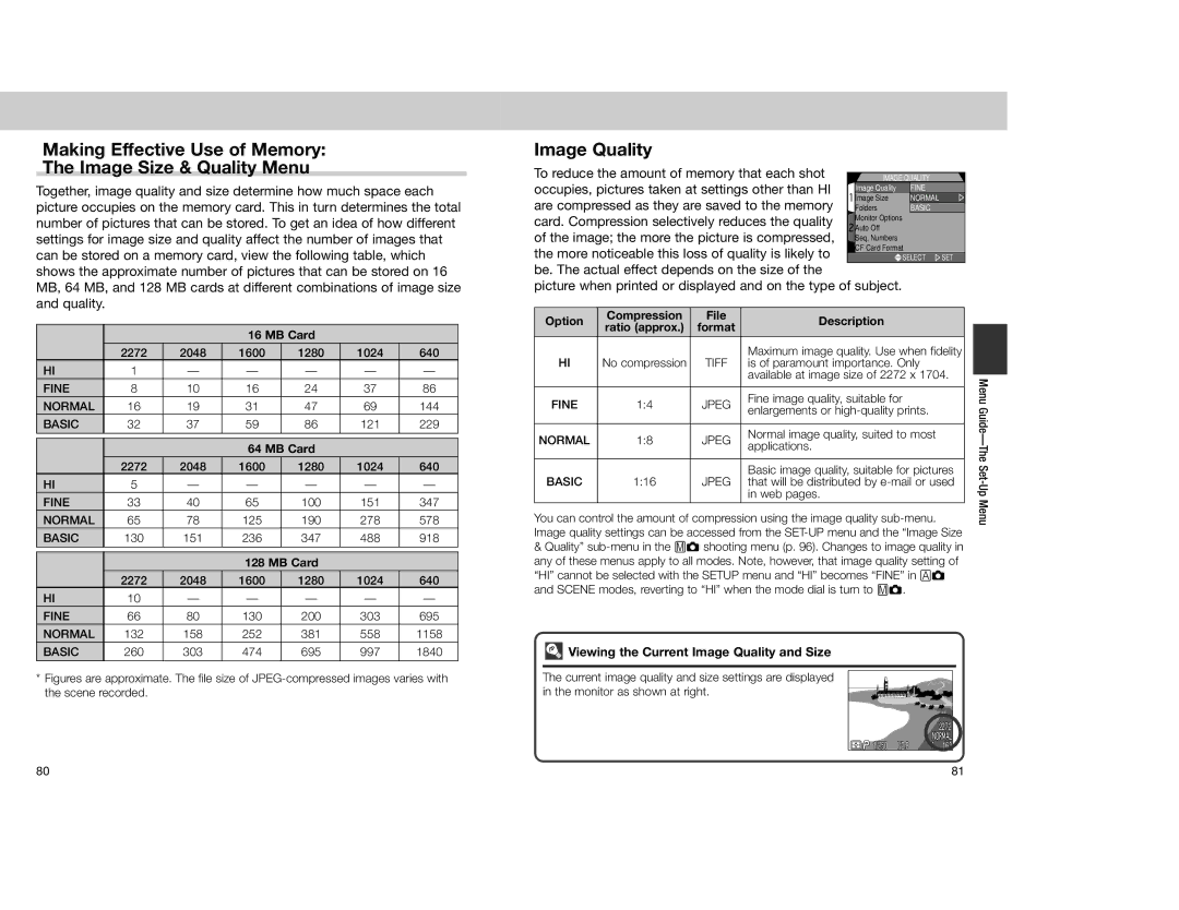 Nikon 4300 manual Making Effective Use of Memory Image Size & Quality Menu, Image Quality 