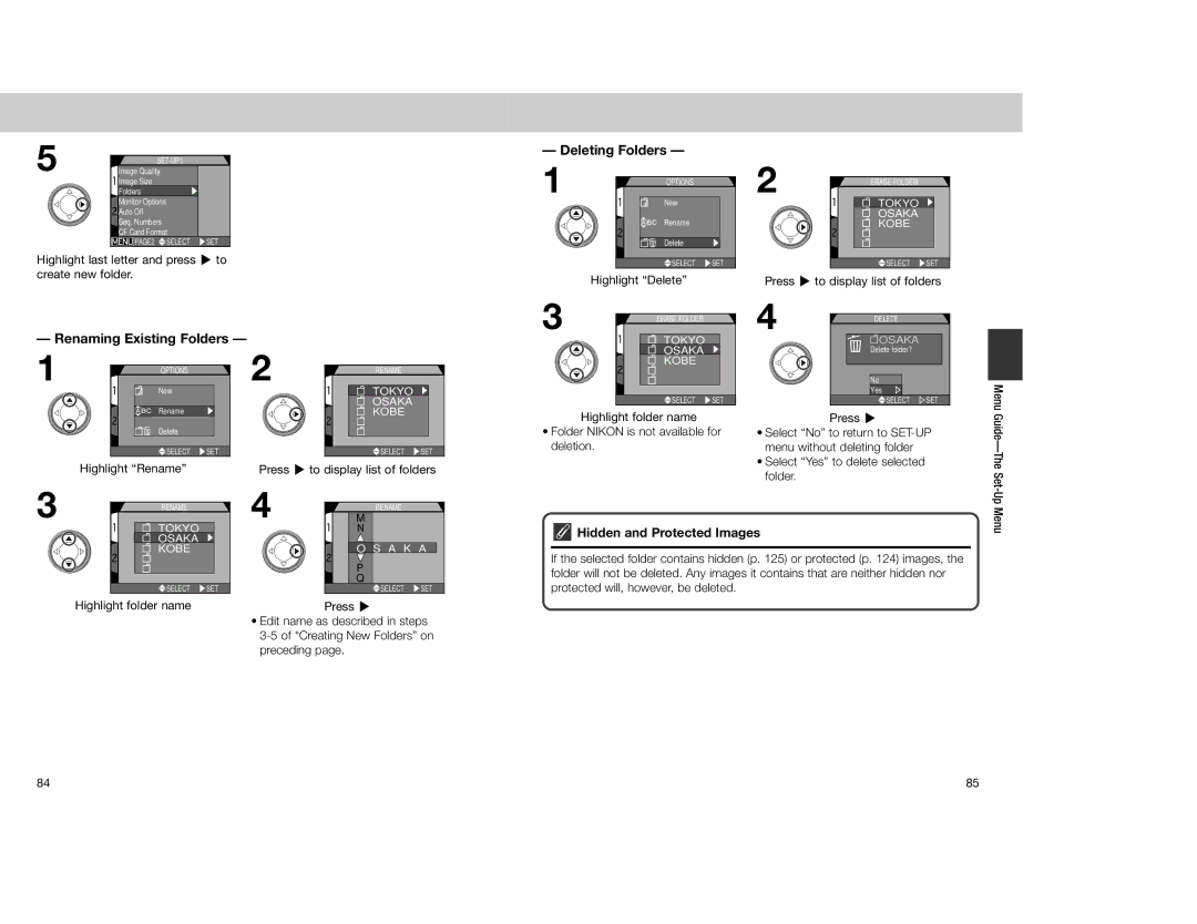 Nikon 4300 manual Renaming Existing Folders Deleting Folders, Highlight Delete, Hidden and Protected Images 